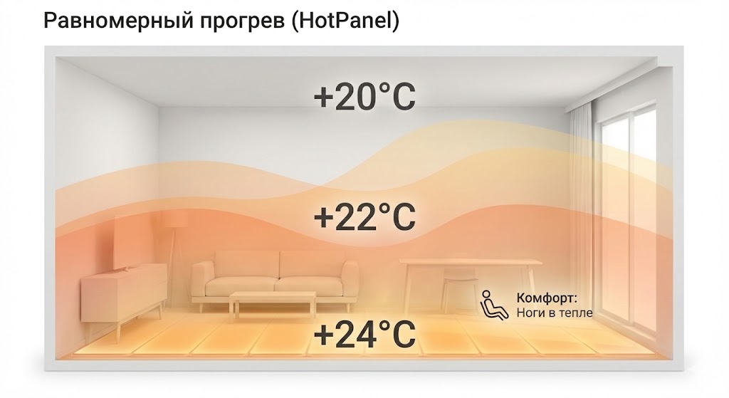 распределение тепла от теплых полов Хотпанел